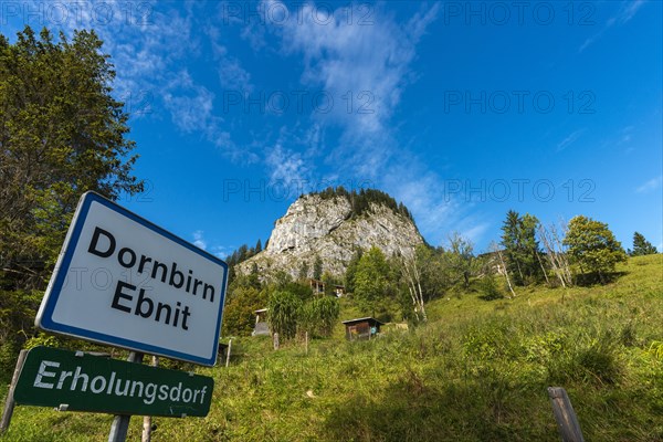 Mountain village Ebnit, municipality Dornbirn, village sign, recreation village, steep slope, rocks, Bregenzerwald, Voralberg, Austria, Europe