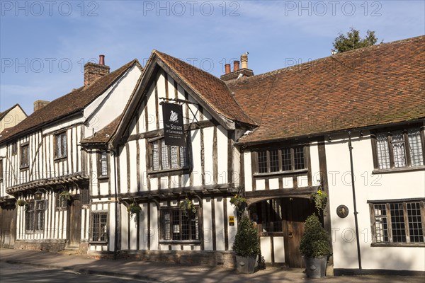 Historic Tudor architecture of the Swan Hotel, Lavenham, Suffolk, England, UK