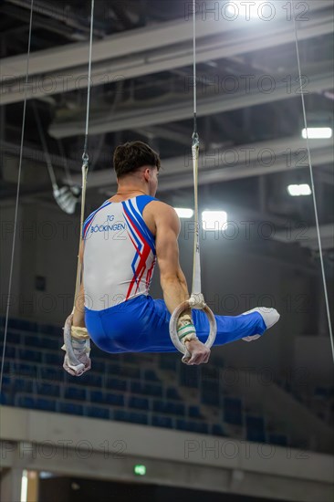 Heidelberg, 9 September 2023: Men's World Championship qualification in conjunction with a national competition against Israel. Daniel Woerz during his routine on the rings