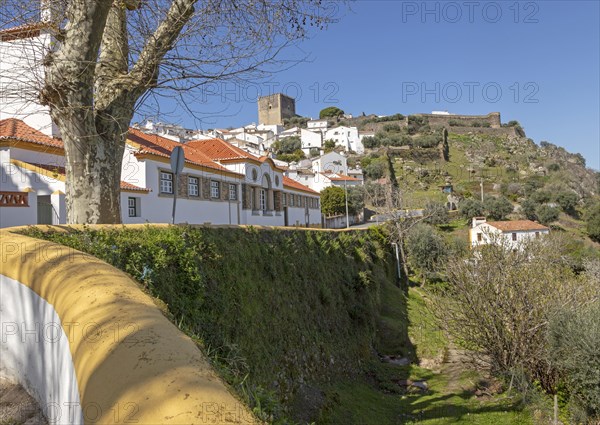 Townscape view of historic buildings and castle on hilltop, village of Castelo de Vide, Alto Alentejo, Portugal, southern Europe, Europe