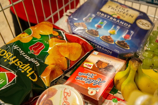 Shopping trolley with food in a supermarket in Germany