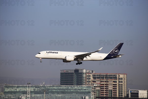 A Lufthansa passenger aircraft lands at Frankfurt Airport