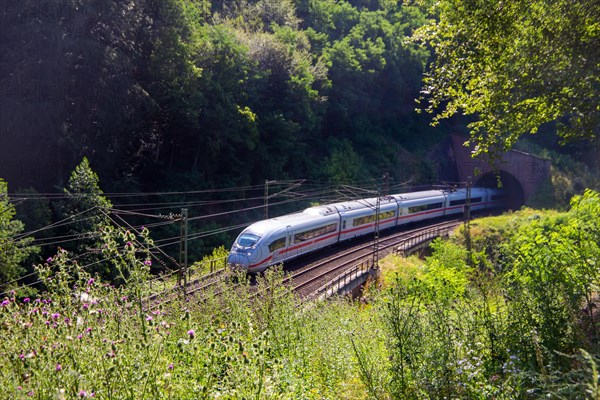 ICE (Intercity Express) in the Palatinate Forest. The train is on its way from Frankfurt to Paris. With intermediate stops in Mannheim, Kaiserslautern and Saarbruecken, it takes six hours to reach the French capital