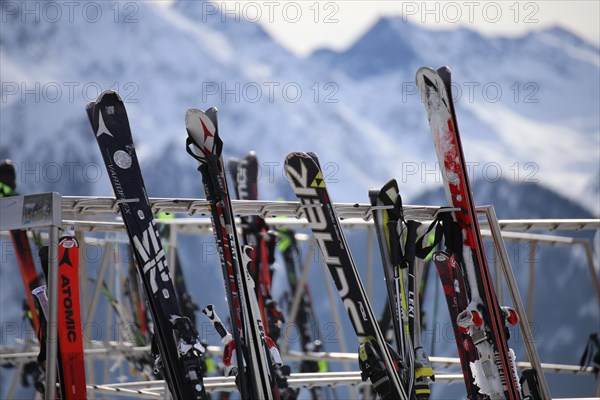 Full ski rack in the ski area of Serfaus, Fiss, Ladis (Tyrol)