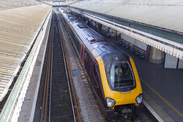 GWR train at platform in St David's railway station, Exeter, Devon, England, UK