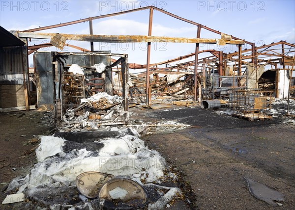 Industrial buildings destroyed by fire, Hatcher Components Ltd, Parham airfield, Suffolk, England, UK