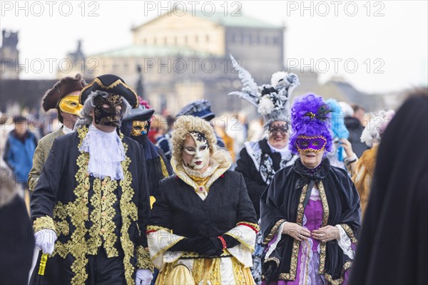 LUST & PASSION & JOY OF LIFE, for the joy of the masquerade, the Elbvenezian Carnival took place in Dresden on the weekend in front of Rose Monday. The highlight was the joint stroll through the historic centre with masks in robes in the style of the Elbe Venetian Carnival from the Neumarkt through the Altmarktgalerie, the Schlossstrasse, through the Stallhof, along the Fuerstenzug, onto the Bruehlsche Terrasse and into the Bruehlsche Garten, Dresden, Saxony, Germany, Europe