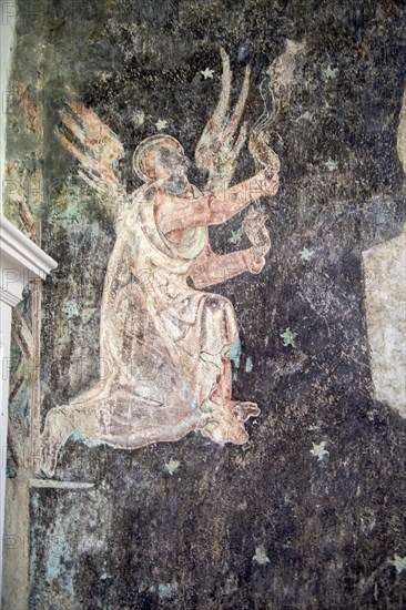 Early 14th century wall painting, Brent Eleigh church, Suffolk, England, UK a winged angel censing an image