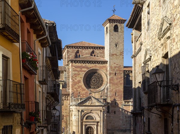 View from Calle Mayor of cathedral church, Catedral de Santa Maria de Sigueenza, Siguenza, Guadalajara province, Spain, Europe