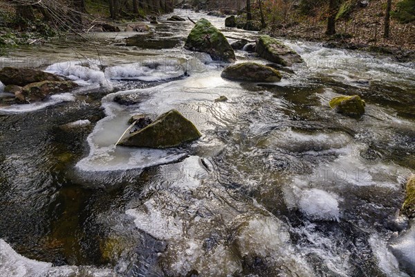 Severe frost has formed bizarre ice formations in the riverbed of the Gottleuba, Bergieshuebel, Saxony, Germany, Europe