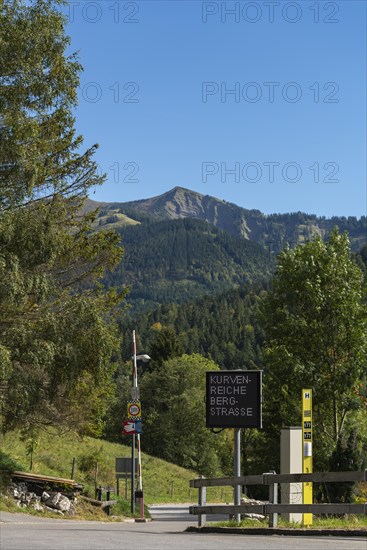 Mountain village Ebnit, municipality Dornbirn, Bregenzerwald, alpine view, traffic sign, winding mountain road, Voralberg, Austria, Europe