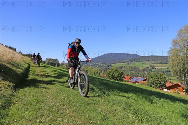 Mountain bike tour through the Bavarian Forest with the DAV Summit Club: Descent in a meadow paths towards Arrach. In the background, the summit of the Osser, a mountain on the border between Germany and the Czech Republic