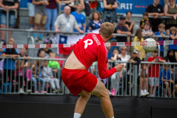 Fistball World Championship from 22.07. to 29.07.2023 in Mannheim: At the end of the preliminary round, co-favourite Austria won 3:0 sets against Chile. Here in the picture: Martin Puehringer