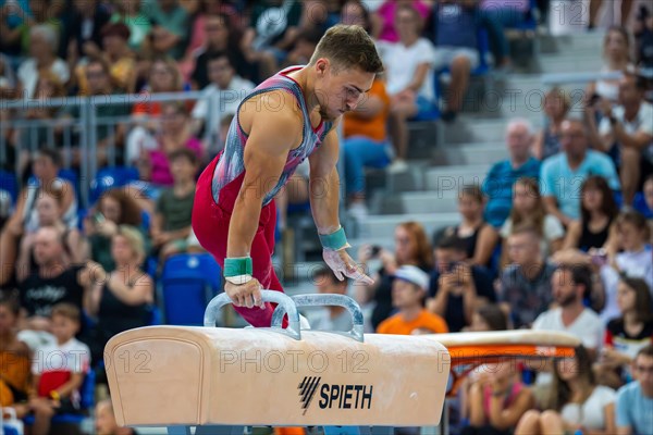 Heidelberg, 9 September 2023: Men's World Championship qualification in conjunction with a national competition against Israel. Nick Klessing during his routine on the pommel horse