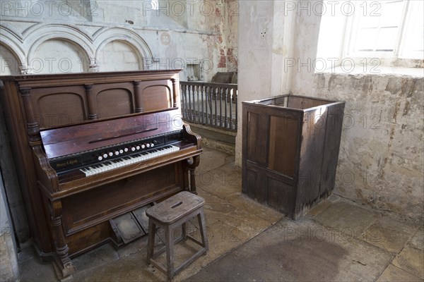 Historic interior of church of Saint John, Inglesham, Wiltshire, England, UK under the care of the Churches Conservation Trust