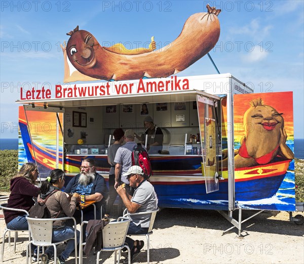 Last bratwurst before America hotdog sausage takeaway food stall, Cabo de Sao Vicente, Cape St Vincent, Algarve, Portugal, Europe