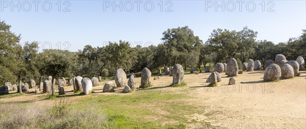 Neolothic stone circle of granite boulders, Cromeleque dos Almendres, Evora district, Alentejo, Portugal, southern Europe, Europe