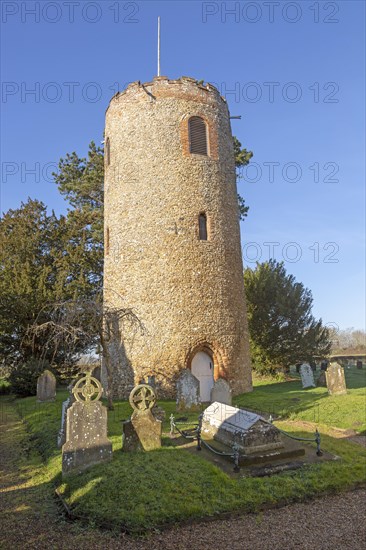 Unusual detached round tower in churchyard of church of Saint Andrew, Bramfield, Suffolk, England, UK