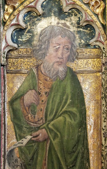 Medieval paintings of saints on rood screen inside church of Saint Andrew, Bramfield, Suffolk, England, UK, Saint Luke