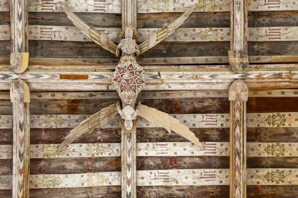 Carved wooden angels in hammer beam roof of Holy Trinity church, Blythburgh, Suffolk, England, UK