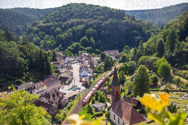 A local train operated by Verkehrsbetriebe Rhein-Neckar (VRN) runs through Frankenstein in the Palatinate Forest between Neustadt and Kaiserslautern