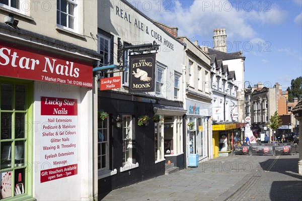 The Flying Monk tavern pub and historic buildings in town centre of Chippenham, Wiltshire, England, UK