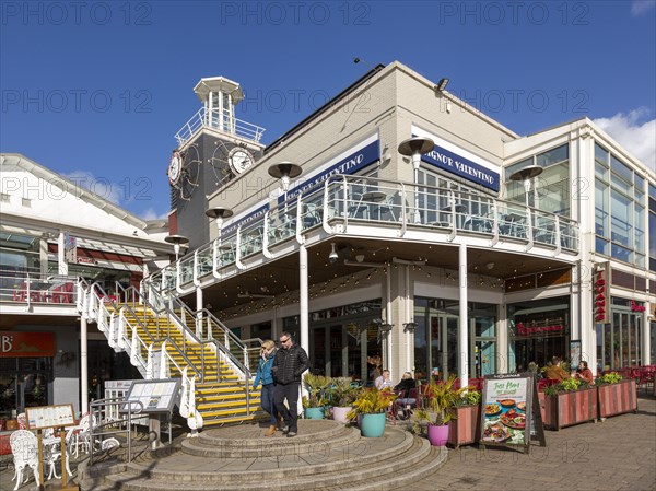 Leisure buildings and restaurants Cardiff Bay redevelopment at Mermaid Quay, Cardiff, South Wales, UK