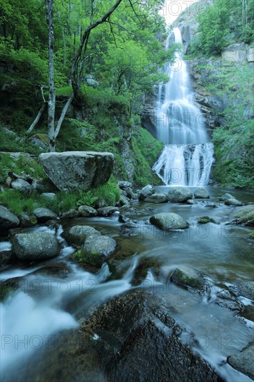 Runes stream and Cascade de Runes waterfall, long exposure, water, stones, Cevennes, Massif Central, France, Europe
