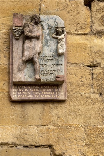 Roman style memorial plaque on church wall, Santa Maria de la Asuncion, Briones, La Rioja Alta, Spain, Europe