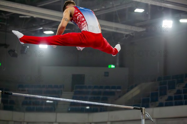 Heidelberg, 9 September 2023: Men's World Cup qualification in conjunction with a national competition against Israel. Lukas Dauser performing his routine on the high bar