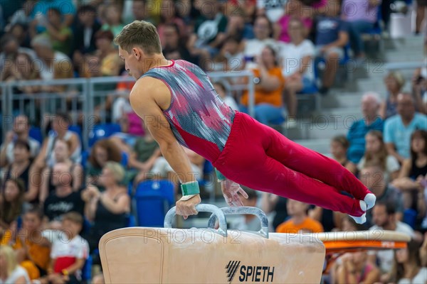 Heidelberg, 9 September 2023: Men's World Championship qualification in conjunction with a national competition against Israel. Nick Klessing during his routine on the pommel horse