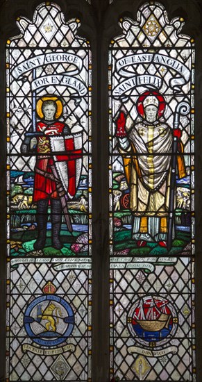 Church of Saint Mary, Chediston, Suffolk, England, UK stained glass window Saint Felix and Saint George by Margaret Edith Aldrich Rope 1947