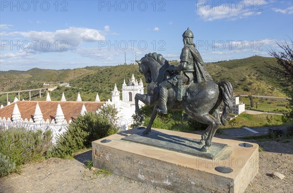 Sculpture horse and rider statue Ibn Caci Moorish prince and poet, village of Mertola, Baixo Alentejo, Portugal, Europe