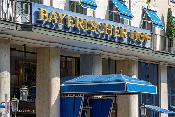 Hotel Bayerischer Hof, entrance with gold lettering and canopy, luxury hotel, venue of the Munich Security Conference, MSC, Promenadeplatz, Old Town, Munich, Upper Bavaria, Bavaria, Germany, Europe