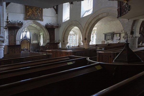 Historic interior of Saint John the Baptist church, Mildenhall, Wiltshire, England, UK