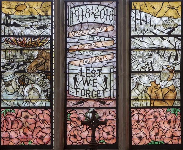 Stained glass memorial window 1918-2018 First World War centenary, Chelsworth church, Suffolk, England, UK by Moya Quinn