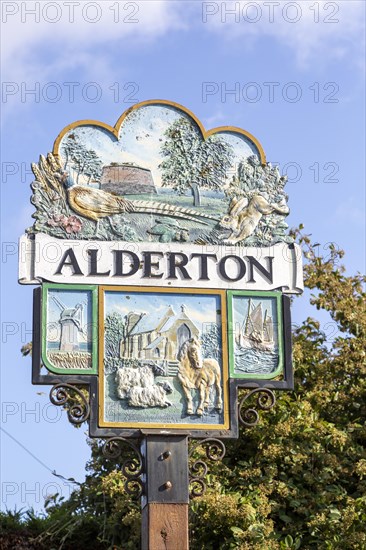 Village sign Alderton, Suffolk, England, UK