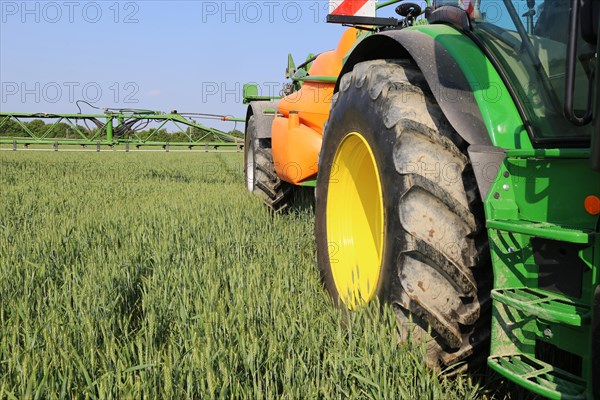 A farmer from the Schmitt vegetable farm in Hockenheim drives his tractor with a crop protection sprayer over his wheat field to combat brown rust and mildew (Hockenheim, Baden-Wuerttemberg)