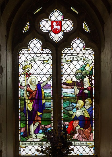 Stained glass window Brantham church, Suffolk, England, UK c 1920s Saint John the Baptist, Repent for the kingdom of heaven is at hand