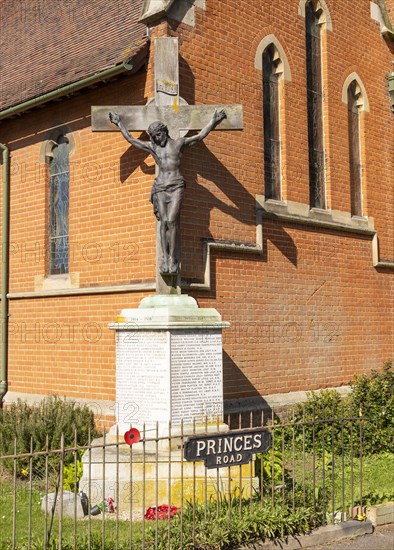 Church of St John the Baptist, Felixstowe, Suffolk, England, UK war memorial Jesus Christ on the Cross Crucifixion sculpture