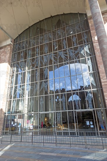 Glass engravings by John Hutton, Great West Screen of Coventry Cathedral, England, UK