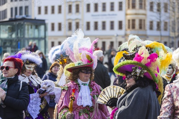 LUST & PASSION & JOY OF LIFE, for the joy of the masquerade, the Elbvenezian Carnival took place in Dresden on the weekend in front of Rose Monday. The highlight was the joint stroll through the historic centre with masks in robes in the style of the Elbe Venetian Carnival from the Neumarkt through the Altmarktgalerie, the Schlossstrasse, through the Stallhof, along the Fuerstenzug, onto the Bruehlsche Terrasse and into the Bruehlsche Garten, Dresden, Saxony, Germany, Europe