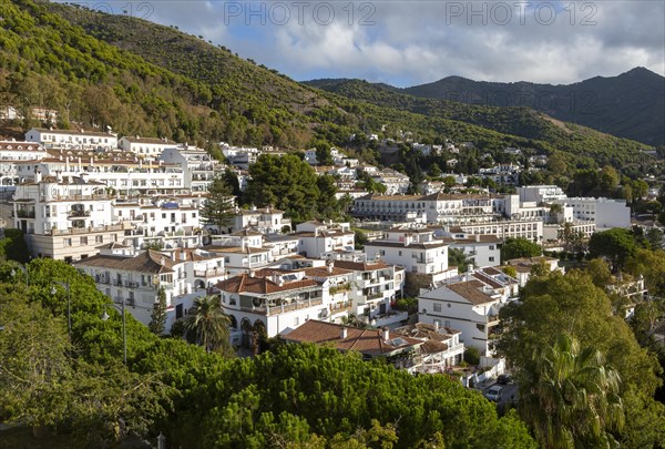 View over whitewashed buildings in village of Mijas, Costa del Sol, Malaga province, Andalusia, Spain, Europe