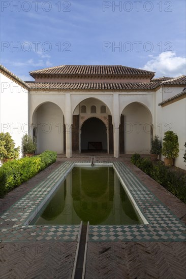 Islamic design architectural detail inside the Moorish palace of the Alcazaba, Malaga, Andalusia, Spain, pool interior courtyard, Europe