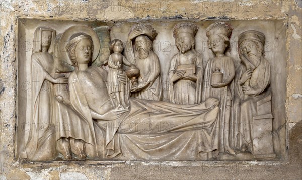 Relief carving of the Adoration of the Magi, dated to 1350, Holy Trinity Church, Long Melford, Suffolk, England, UK