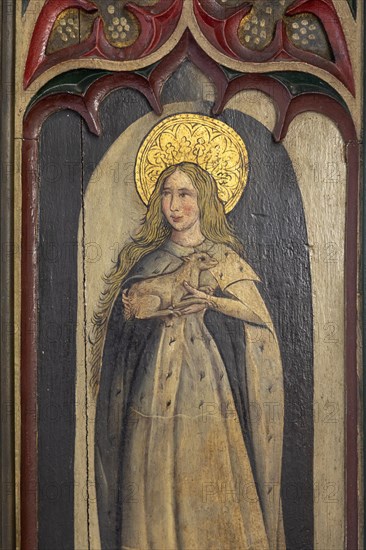 Victorian rood screen paintings, Bildeston church, Suffolk, England, UK, Saint Agnes c 1890s