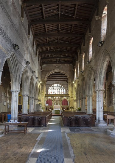 Church of Saint Mary, Berkeley, Gloucestershire, England, UK view down nave to chancel and east window