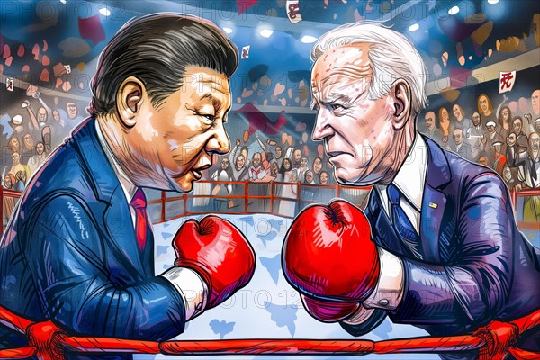 Two caricatured political figures, Xi Jinping and Joe Biden, in the boxing ring, symbolising the cultural, ideological and economic struggle between China and the USA, AI generated, AI generated