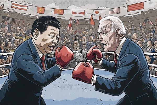 Caricatured political leaders, Xi Jinping and Joe Biden, face each other in the boxing ring, surrounded by spectators and flags, symbolising the cultural, ideological and economic struggle between China and the USA, AI generated, AI generated