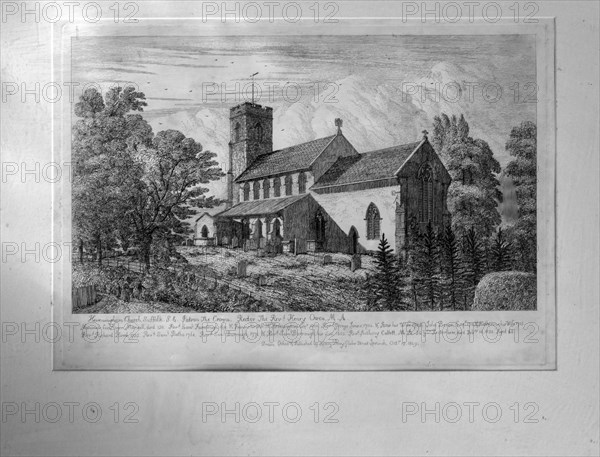 Village parish church Heveningham, Suffolk, England, UK old engraving picture